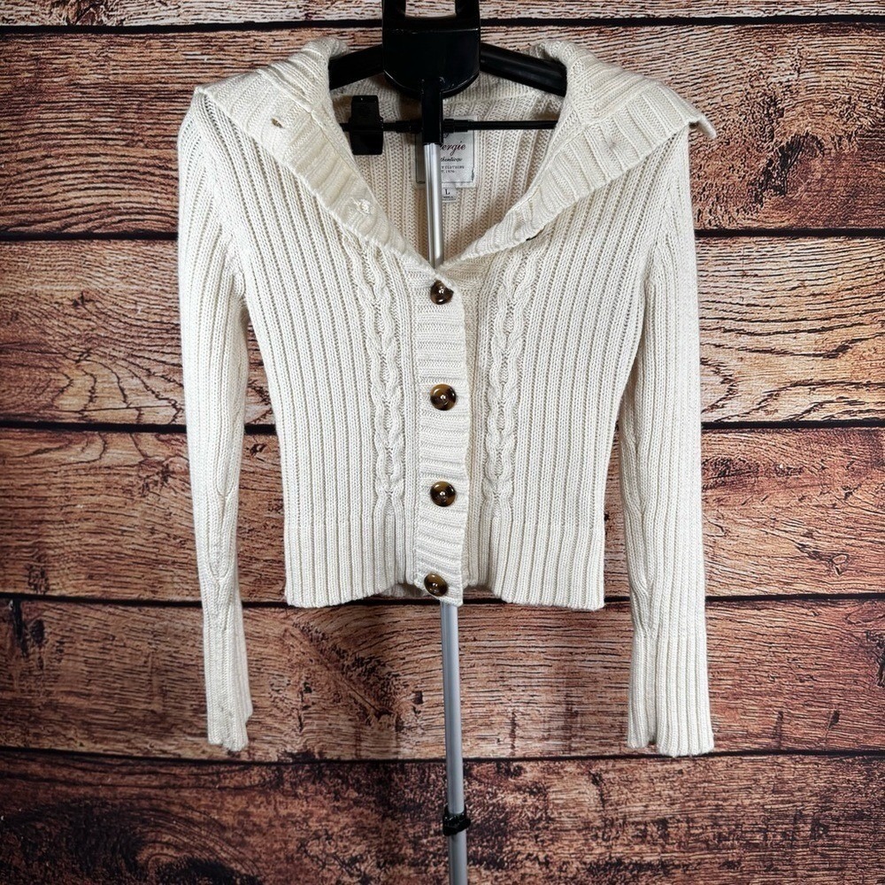Energie Authentic Women's Large Ivory Cable Knit Shawl Collar Cardigan Y2K - Picture 5 of 15